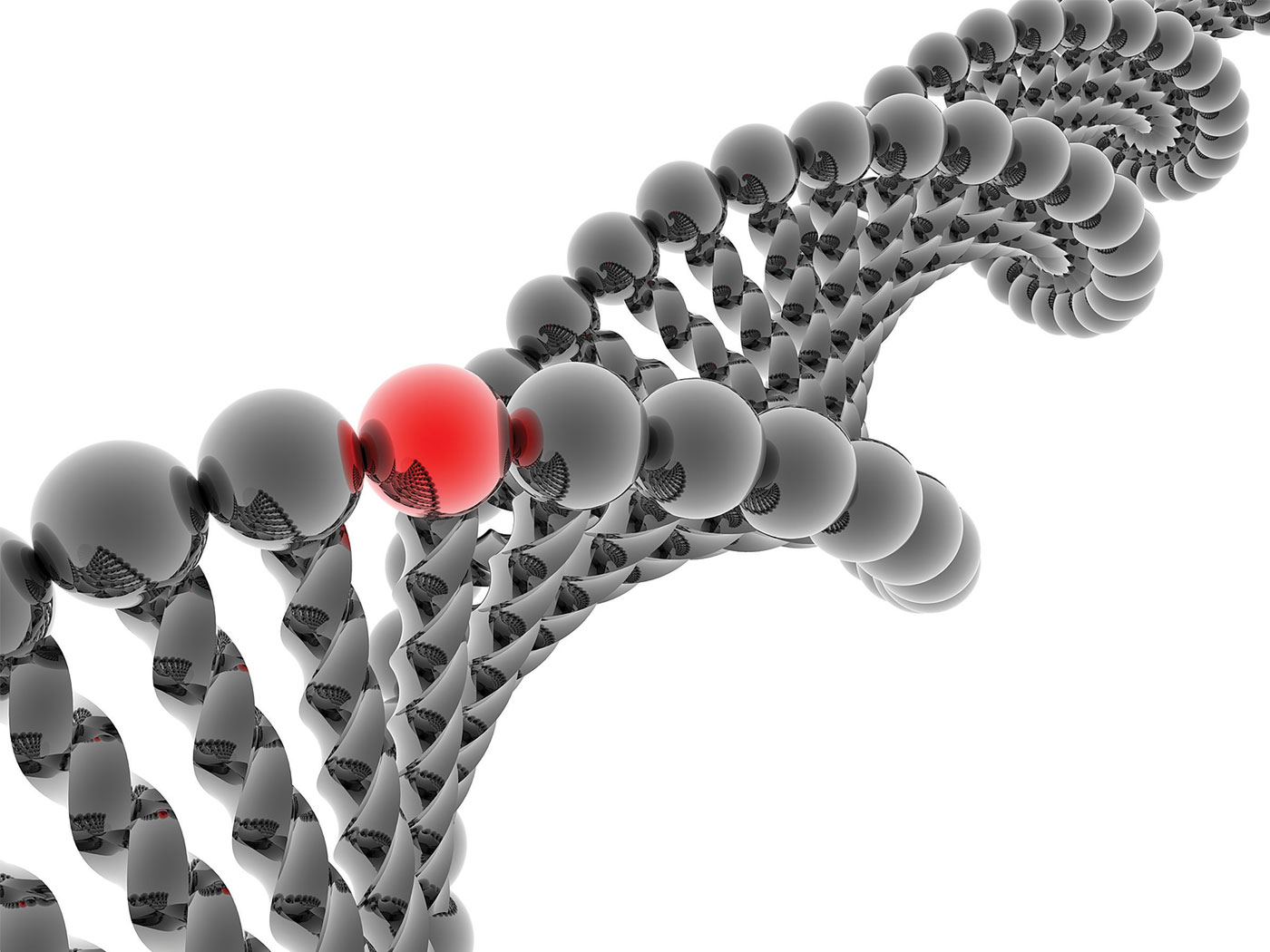 3D illustration of a DNA double helix with one highlighted red molecular segment.